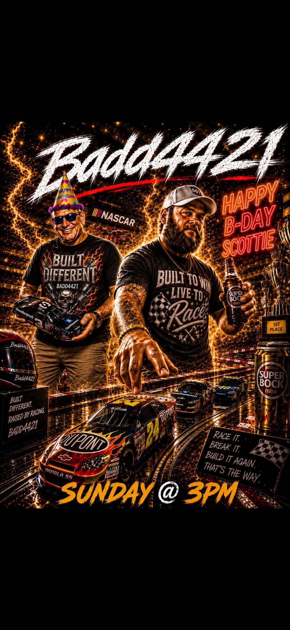 Badd4421 show artwork featuring Steve on the left and Scotty on the right, surrounded by NASCAR diecast cars