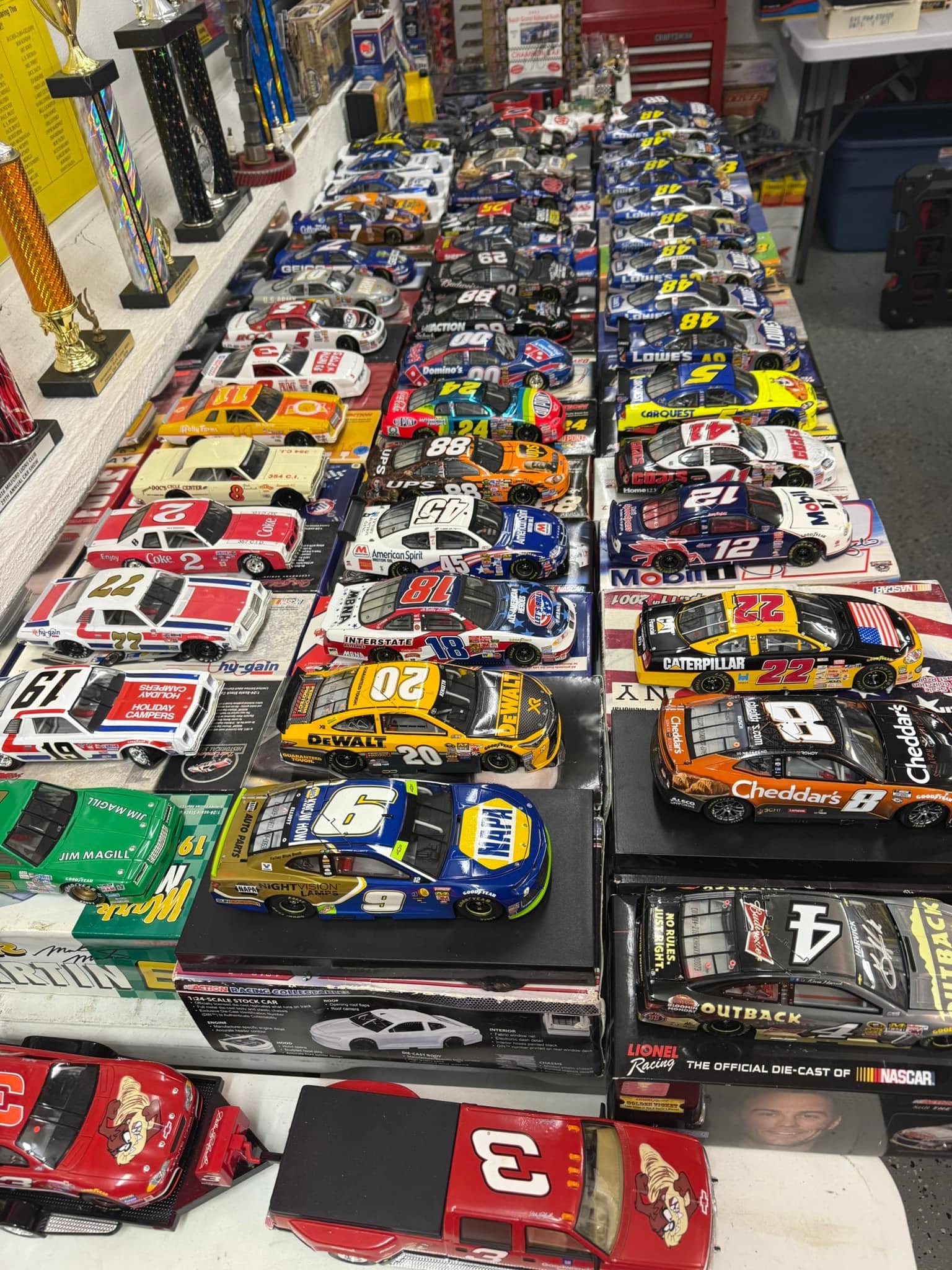 Rows of colorful NASCAR diecast cars in the Badd4421 collection